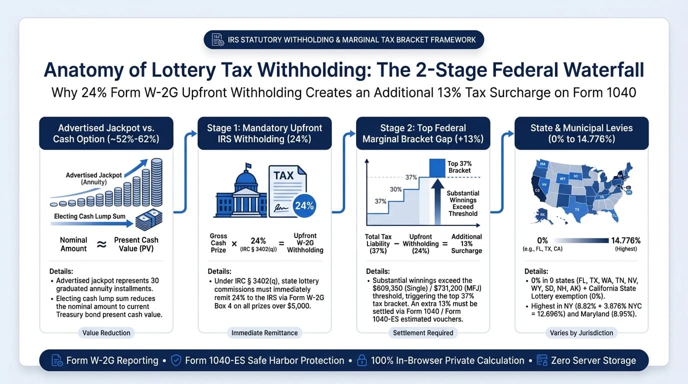 Figure 1: Statutory Lottery Winnings Tax Waterfall Architecture: Gross Jackpot to Net Payout showing 24% Form W-2G deduction and progressive top bracket settlement for 2026.