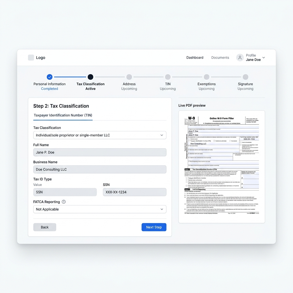 EasyW9Form Interface — Secure Online W-9 Form Filler with Live Preview