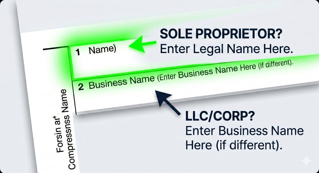 W-9 Line 1 Sole Proprietor name vs Line 2 LLC Business Name visual guide
